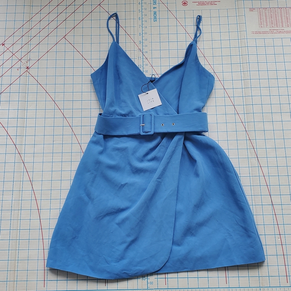 Zara Wrap Dress Women's Size Small Pleated Waist Mini Short Blue Spaghetti Strap